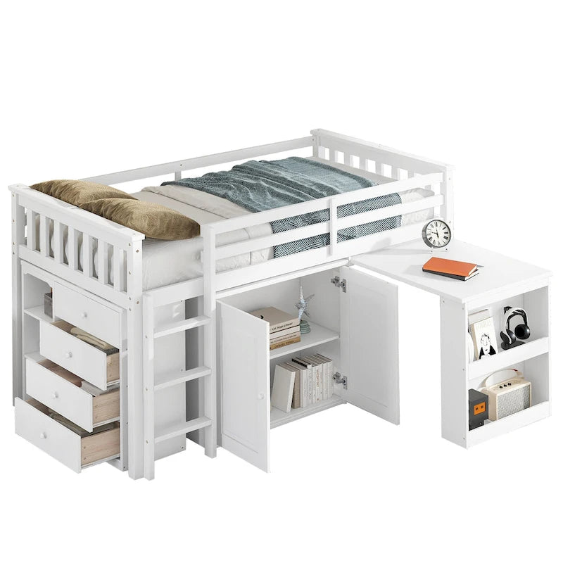Twin Loft Bed with Pull-Out Desk, 2 Cabinets, 4 Drawers & Shelves