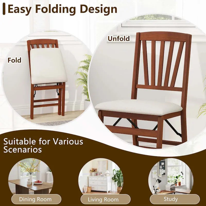 Set of 2/4 Folding Dining Chairs with Rubber Wood Frame and Upholstered Seat