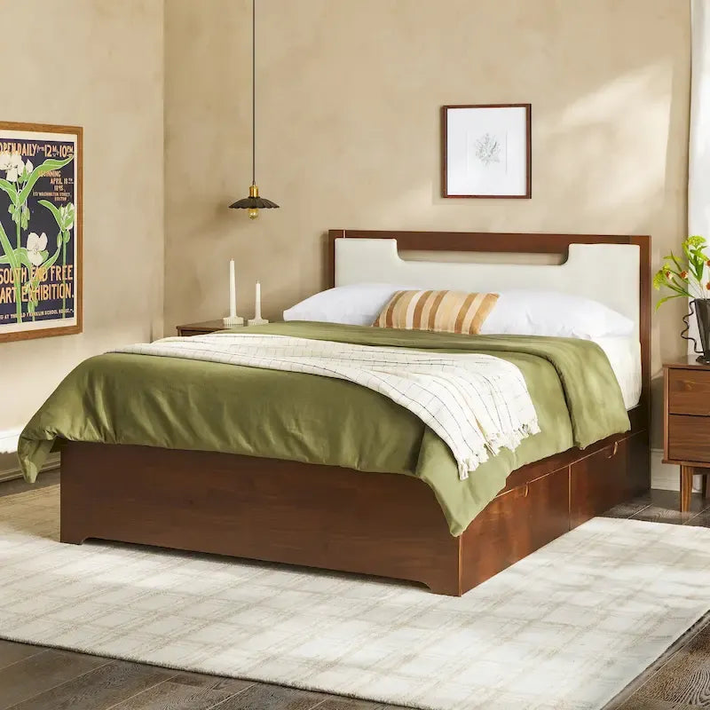 Mid-Century Modern Solid Wood Storage Platform Bed with Under-Bed Drawers