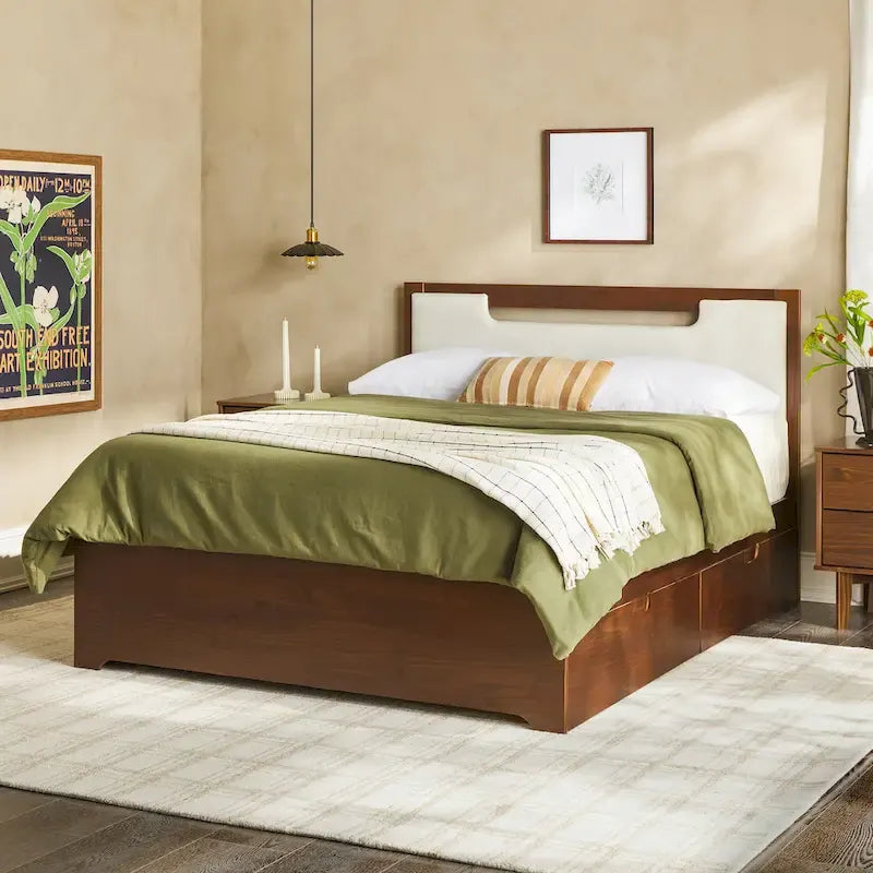 Mid-Century Modern Solid Wood Storage Platform Bed with Under-Bed Drawers