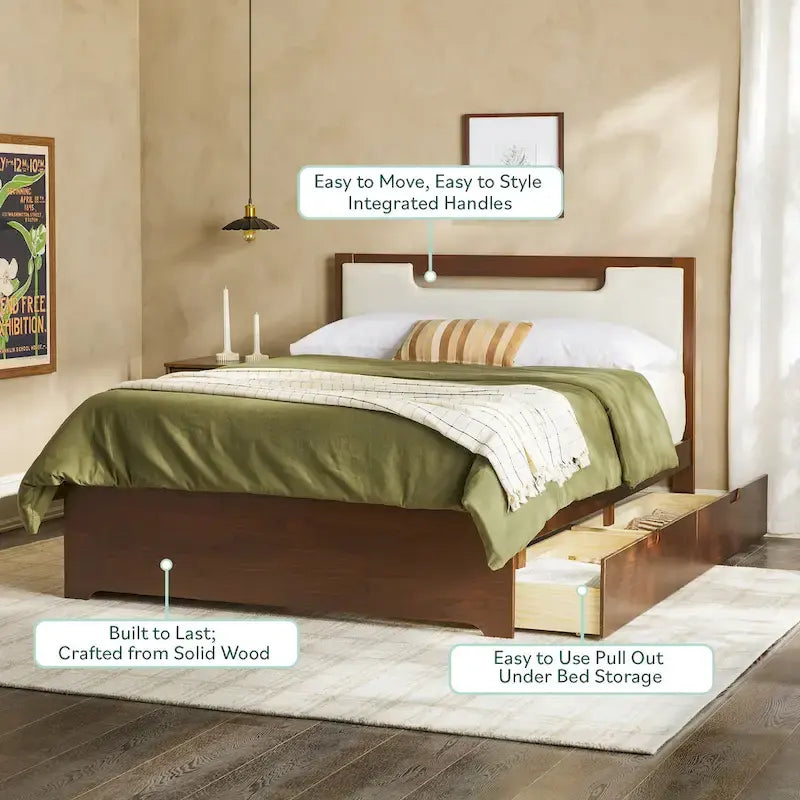Mid-Century Modern Solid Wood Storage Platform Bed with Under-Bed Drawers