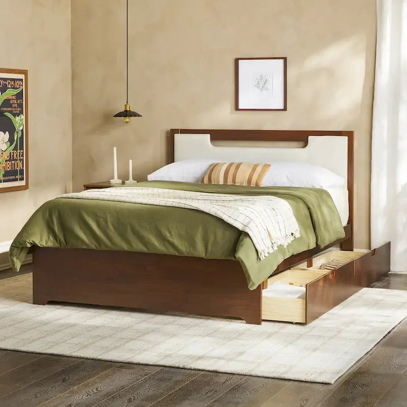 Mid-Century Modern Solid Wood Storage Platform Bed with Under-Bed Drawers