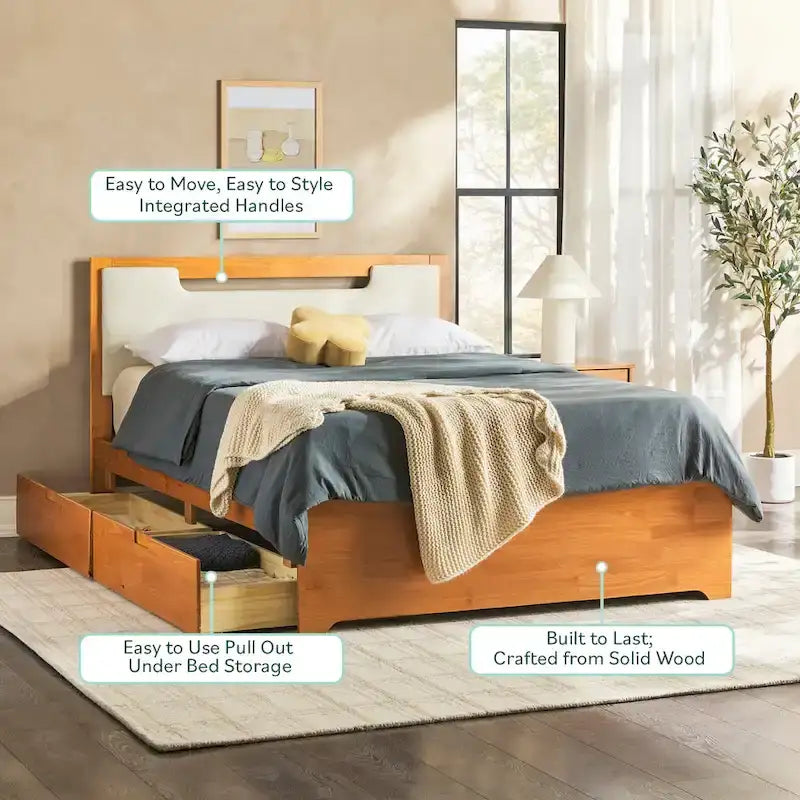 Mid-Century Modern Solid Wood Storage Platform Bed with Under-Bed Drawers
