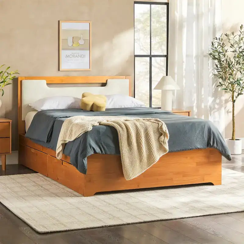 Mid-Century Modern Solid Wood Storage Platform Bed with Under-Bed Drawers