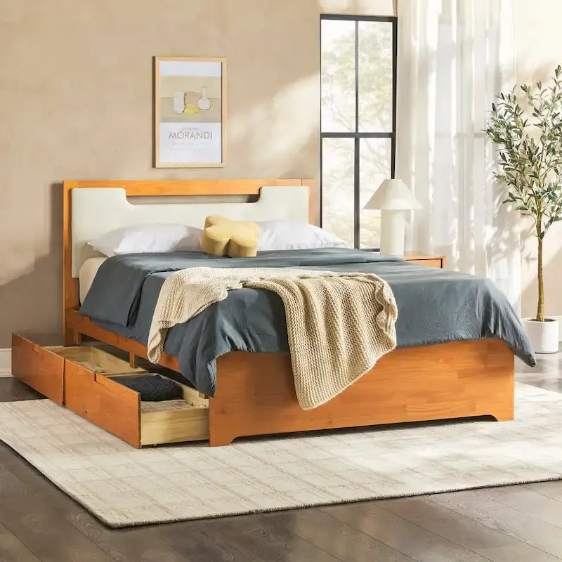 Mid-Century Modern Solid Wood Storage Platform Bed with Under-Bed Drawers