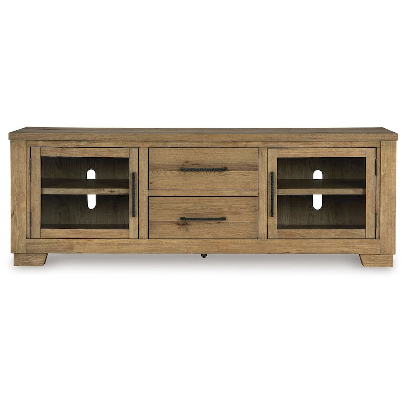80" Large TV Media Console with 2 Drawers and 4 Shelves, Brown Wood