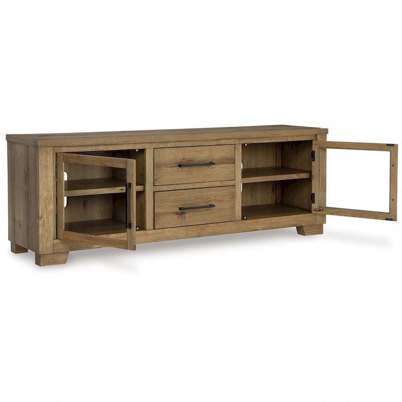 80" Large TV Media Console with 2 Drawers and 4 Shelves, Brown Wood
