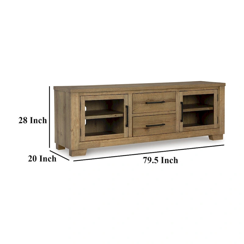 80" Large TV Media Console with 2 Drawers and 4 Shelves, Brown Wood