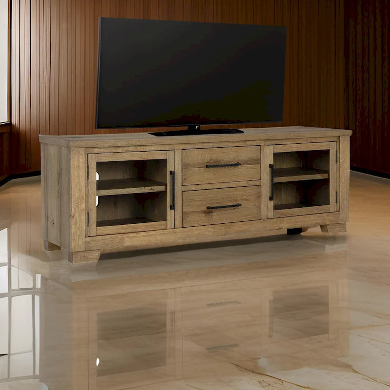 80" Large TV Media Console with 2 Drawers and 4 Shelves, Brown Wood
