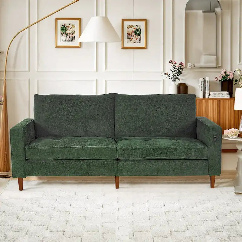 Modernes 82-Zoll-Rechtecksofa mit quadratischen Armlehnen, Chenillebezug und USB-Anschlüssen