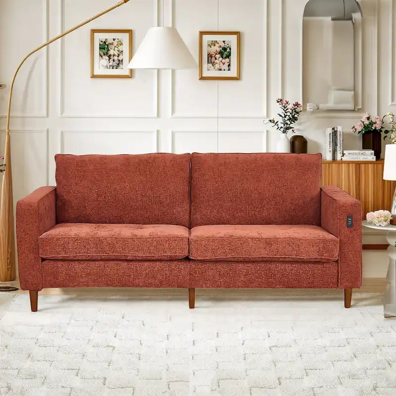 Modernes 82-Zoll-Rechtecksofa mit quadratischen Armlehnen, Chenillebezug und USB-Anschlüssen