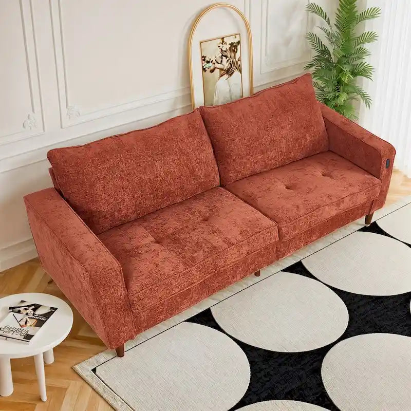 Modernes 82-Zoll-Rechtecksofa mit quadratischen Armlehnen, Chenillebezug und USB-Anschlüssen