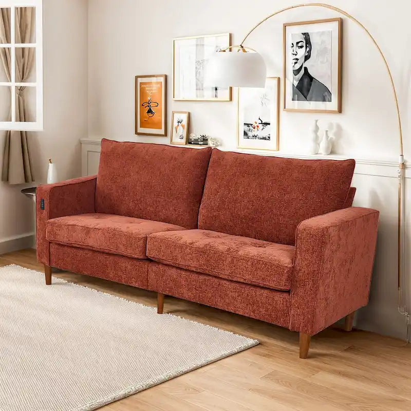 Modernes 82-Zoll-Rechtecksofa mit quadratischen Armlehnen, Chenillebezug und USB-Anschlüssen