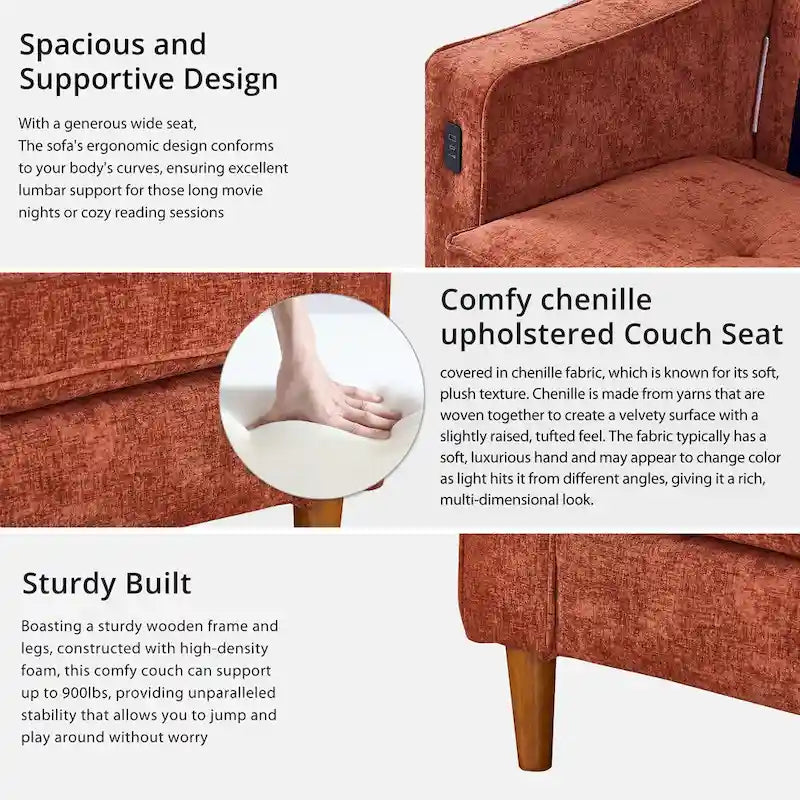 Modernes 82-Zoll-Rechtecksofa mit quadratischen Armlehnen, Chenillebezug und USB-Anschlüssen