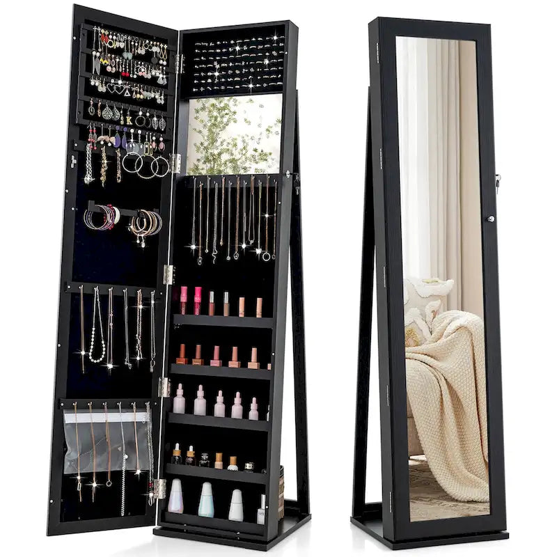 Mirrored Jewelry Cabinet Armoire with Lock and Full-Length Mirror - Black