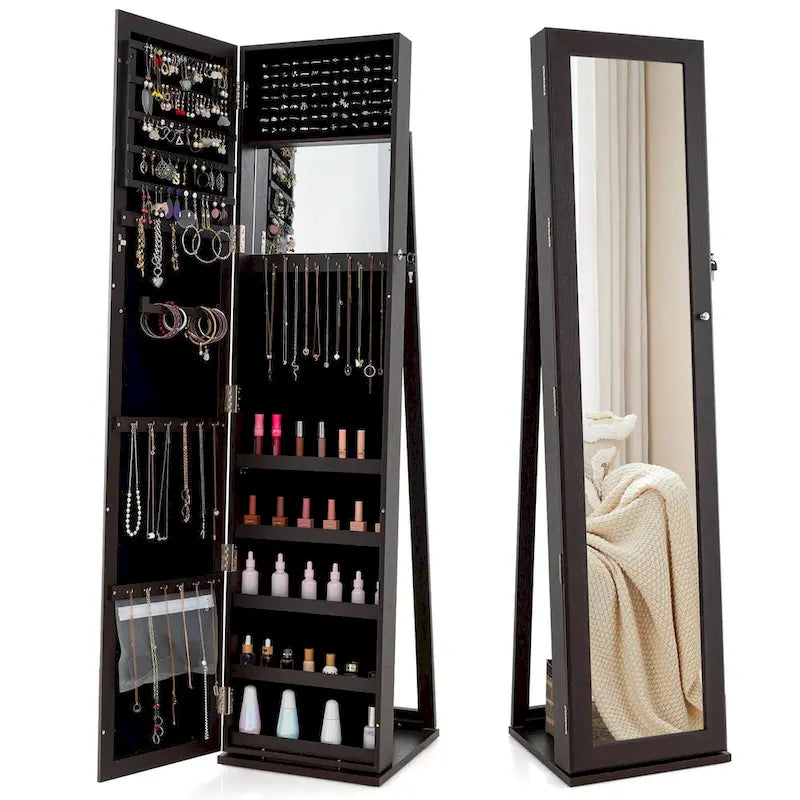 Mirrored Jewelry Cabinet Armoire with Lock and Full-Length Mirror - Black