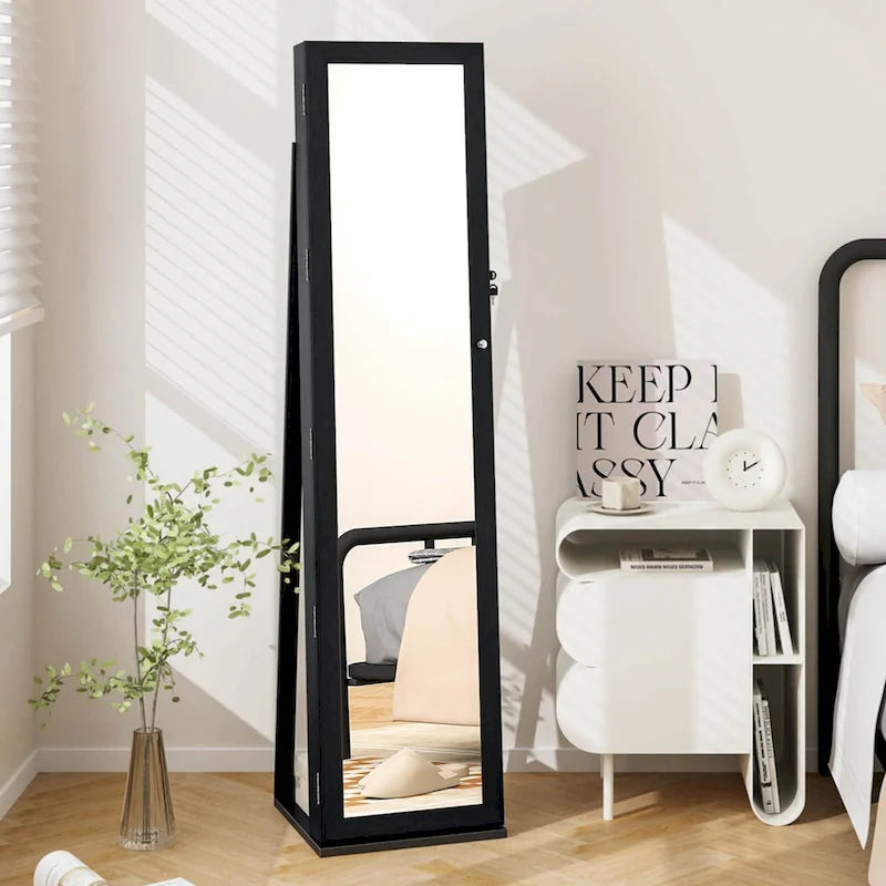 Mirrored Jewelry Cabinet Armoire with Lock and Full-Length Mirror - Black