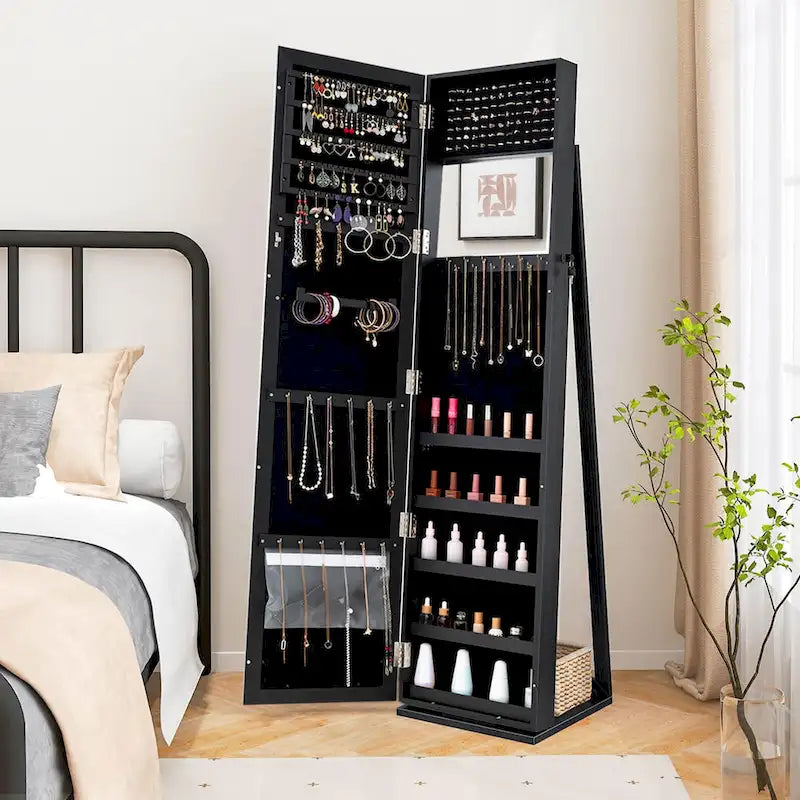 Mirrored Jewelry Cabinet Armoire with Lock and Full-Length Mirror - Black