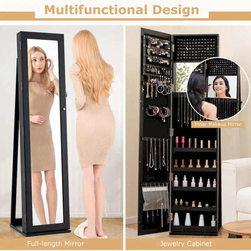 Mirrored Jewelry Cabinet Armoire with Lock and Full-Length Mirror - Black