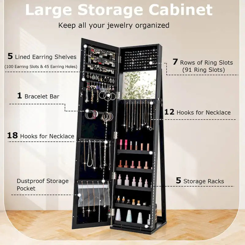 Mirrored Jewelry Cabinet Armoire with Lock and Full-Length Mirror - Black