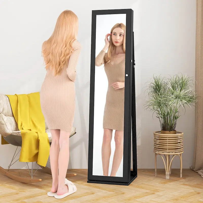 Mirrored Jewelry Cabinet Armoire with Lock and Full-Length Mirror - Black