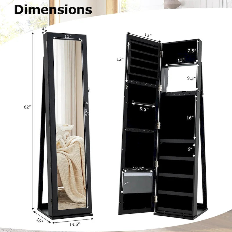 Mirrored Jewelry Cabinet Armoire with Lock and Full-Length Mirror - Black