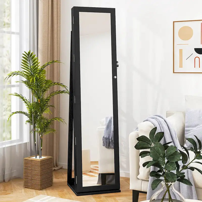 Mirrored Jewelry Cabinet Armoire with Lock and Full-Length Mirror - Black