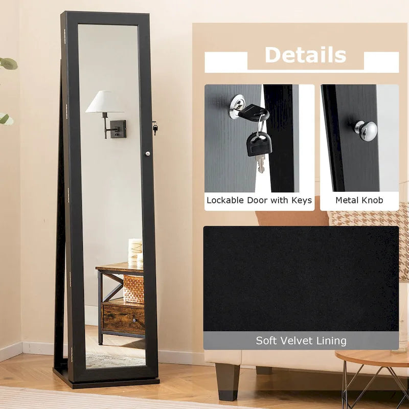 Mirrored Jewelry Cabinet Armoire with Lock and Full-Length Mirror - Black