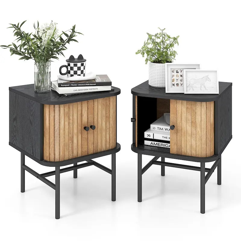 Set of 2 Compact Modern Nightstand with Sliding Doors - Black