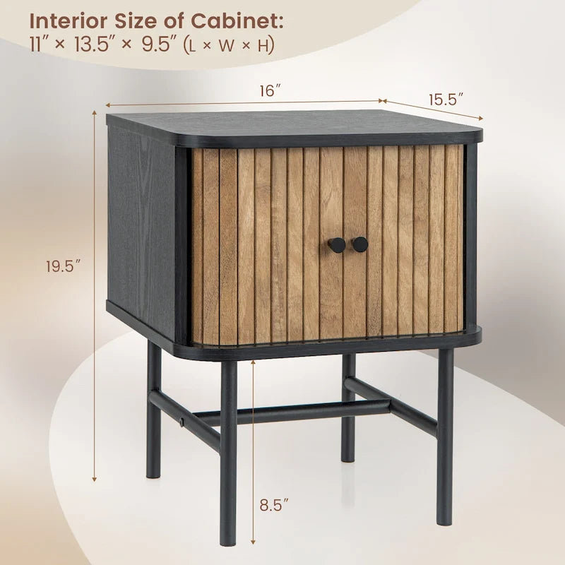 Set of 2 Compact Modern Nightstand with Sliding Doors - Black