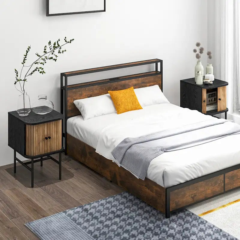Set of 2 Compact Modern Nightstand with Sliding Doors - Black