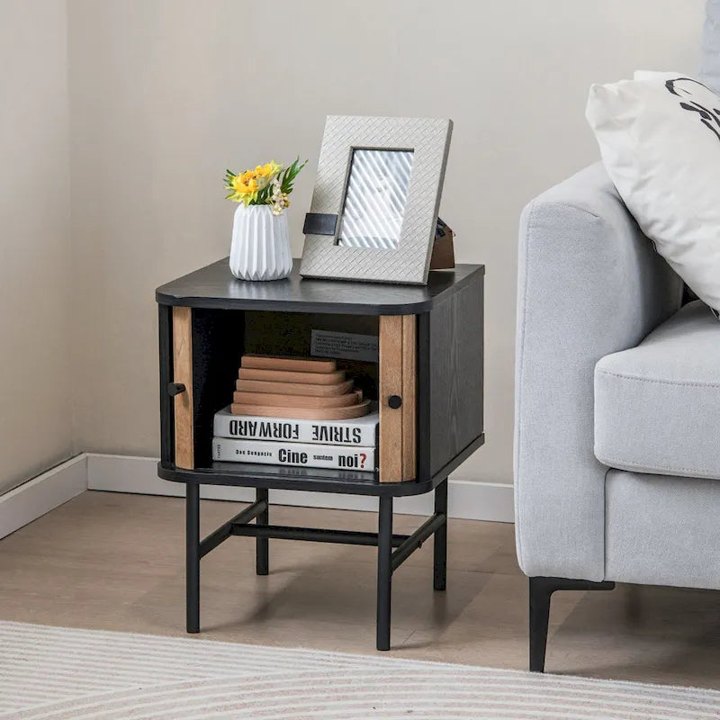 Set of 2 Compact Modern Nightstand with Sliding Doors - Black