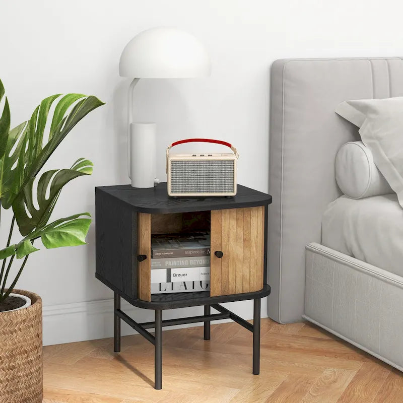 Set of 2 Compact Modern Nightstand with Sliding Doors - Black