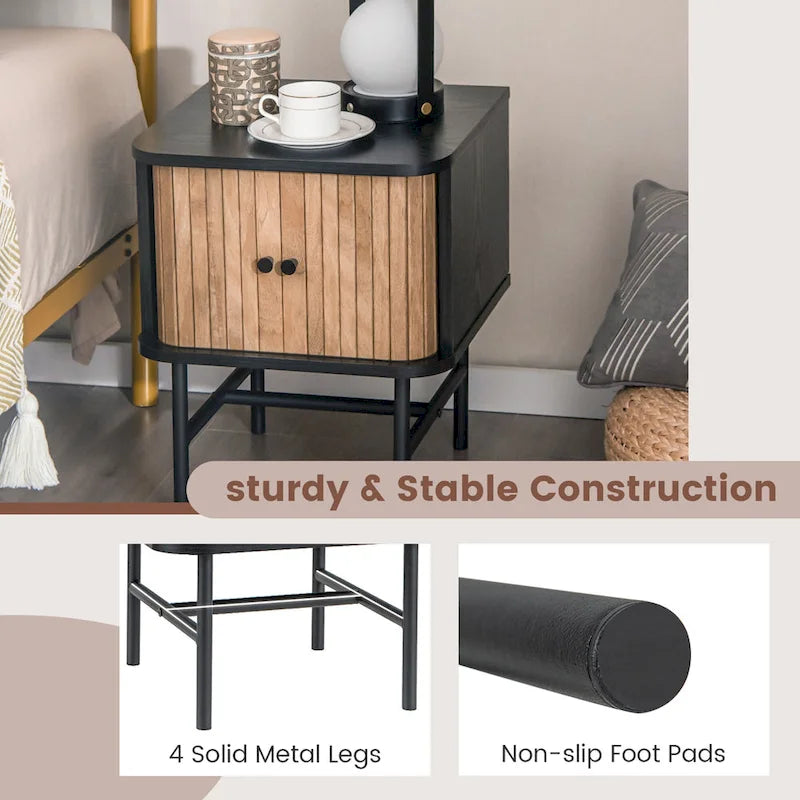 Set of 2 Compact Modern Nightstand with Sliding Doors - Black