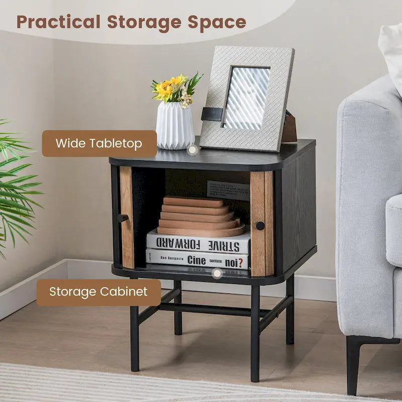 Set of 2 Compact Modern Nightstand with Sliding Doors - Black