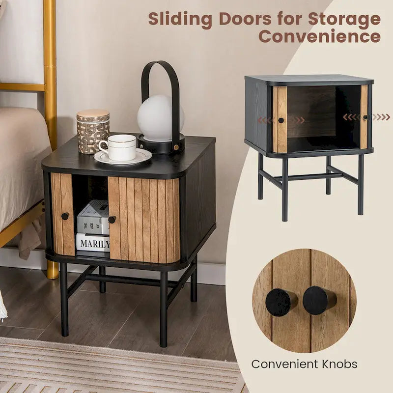 Set of 2 Compact Modern Nightstand with Sliding Doors - Black