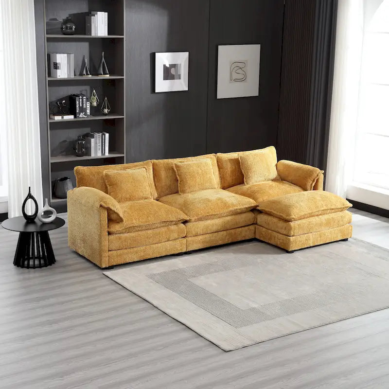 Yellow 112.2" L-Shaped 4-Seat Sectional Sofa with Removable Cushions and Detachable Armrests