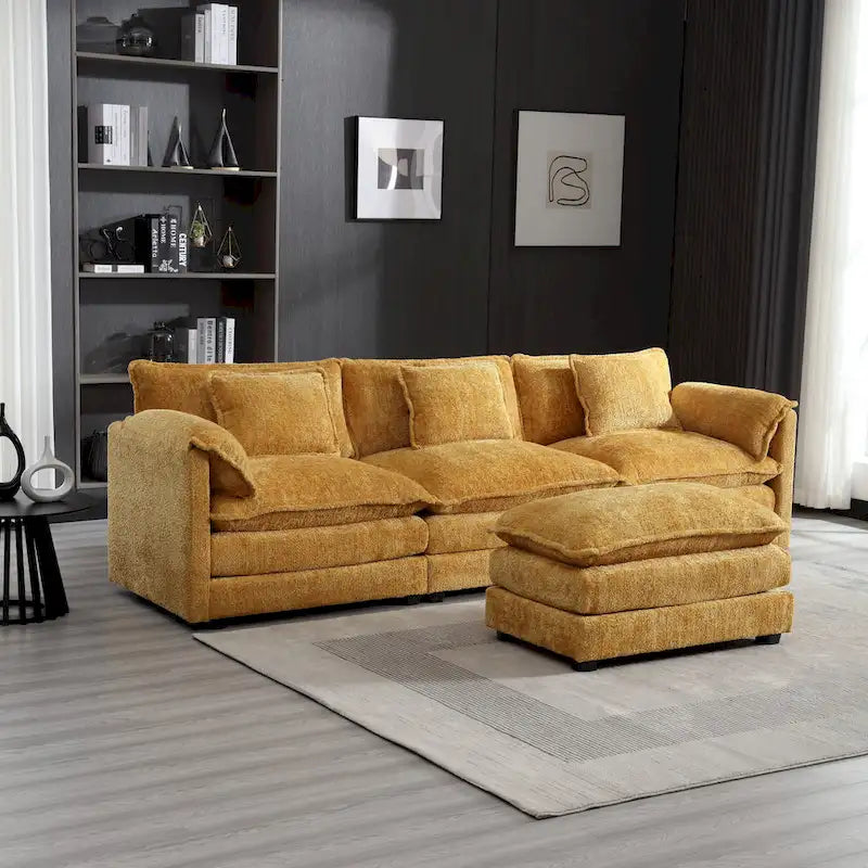 Yellow 112.2" L-Shaped 4-Seat Sectional Sofa with Removable Cushions and Detachable Armrests