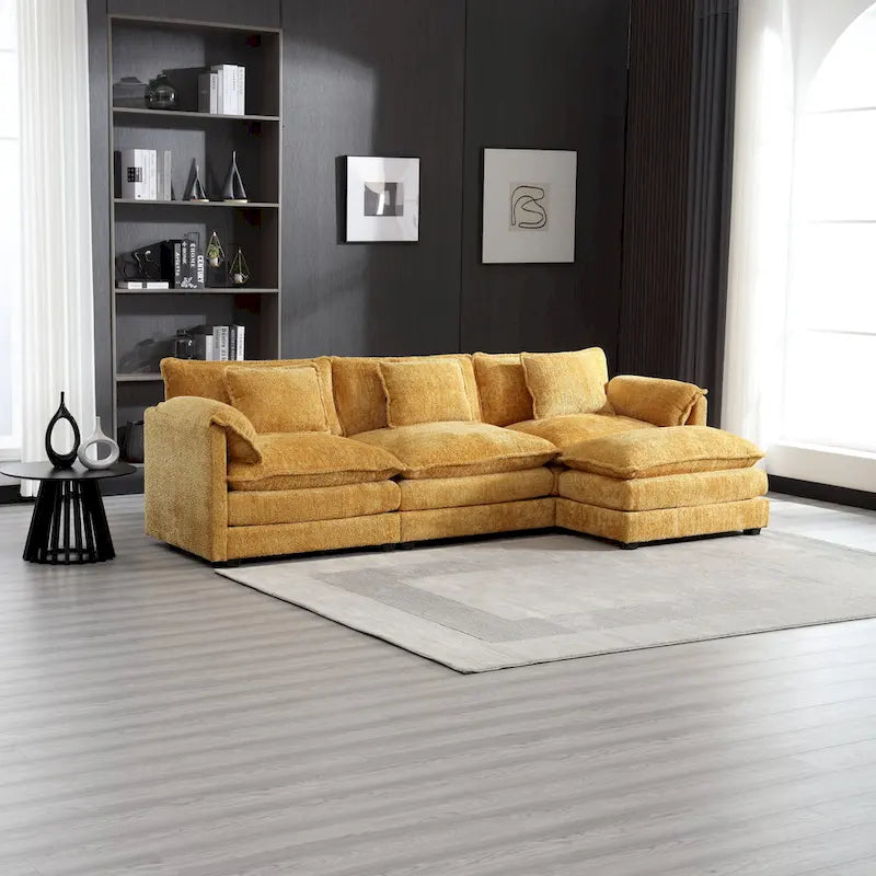 Yellow 112.2" L-Shaped 4-Seat Sectional Sofa with Removable Cushions and Detachable Armrests
