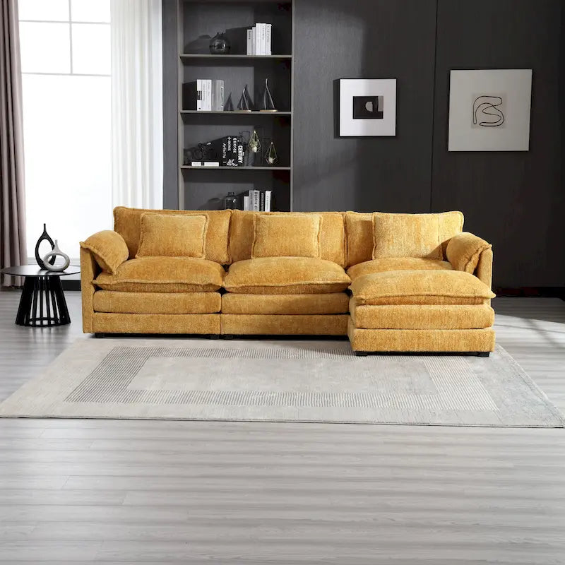 Yellow 112.2" L-Shaped 4-Seat Sectional Sofa with Removable Cushions and Detachable Armrests