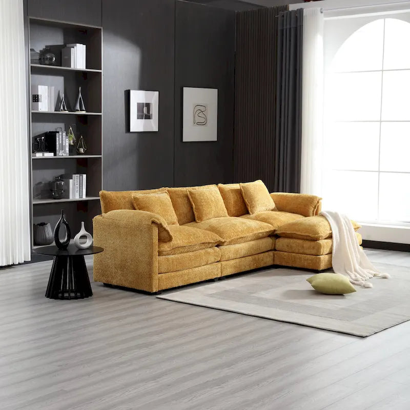 Yellow 112.2" L-Shaped 4-Seat Sectional Sofa with Removable Cushions and Detachable Armrests