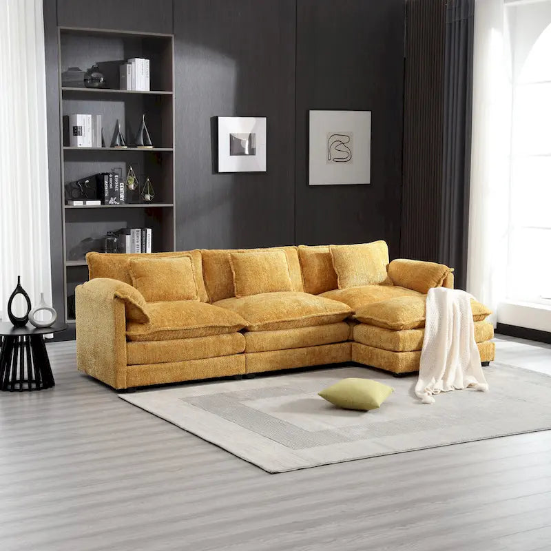 Yellow 112.2" L-Shaped 4-Seat Sectional Sofa with Removable Cushions and Detachable Armrests