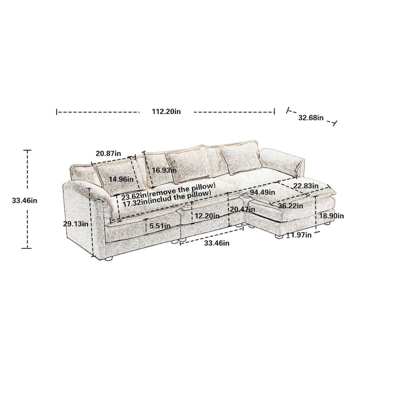 Yellow 112.2" L-Shaped 4-Seat Sectional Sofa with Removable Cushions and Detachable Armrests