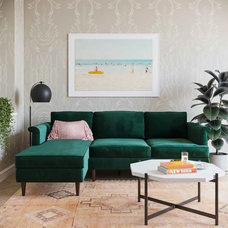 Mid-Century Modern Velvet Sectional Sofa with Rolled Arms