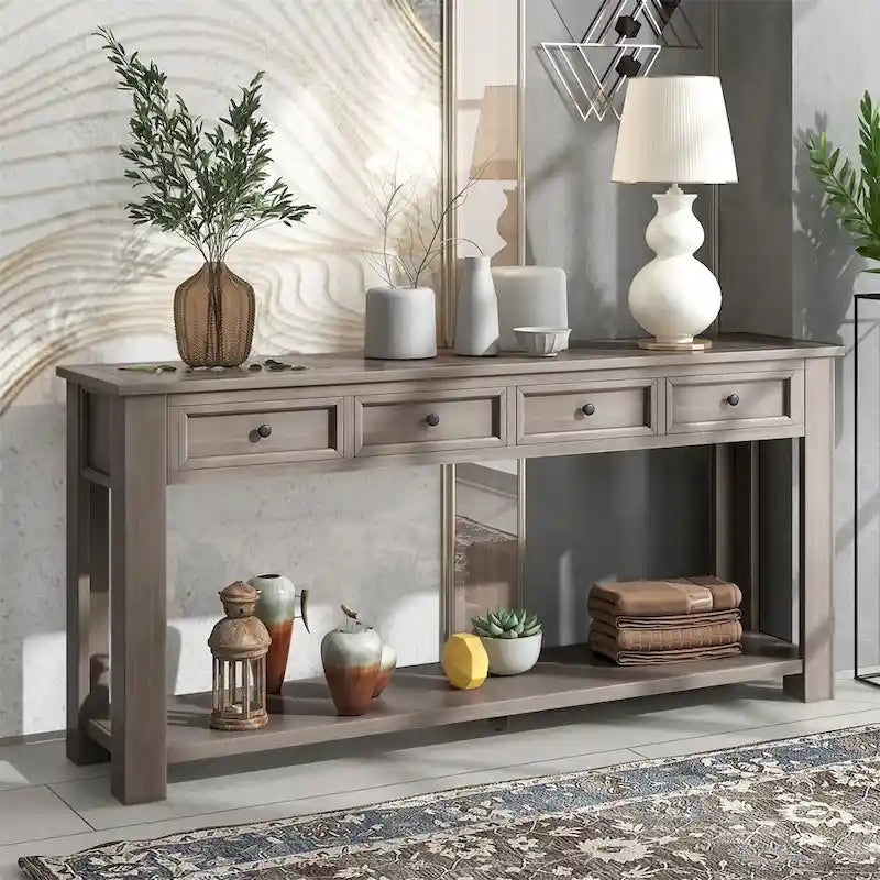 Rustic Console Table with Storage Drawers and Bottom Shelf