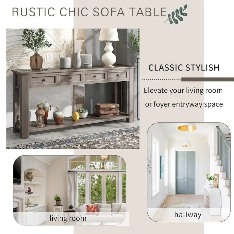 Rustic Console Table with Storage Drawers and Bottom Shelf