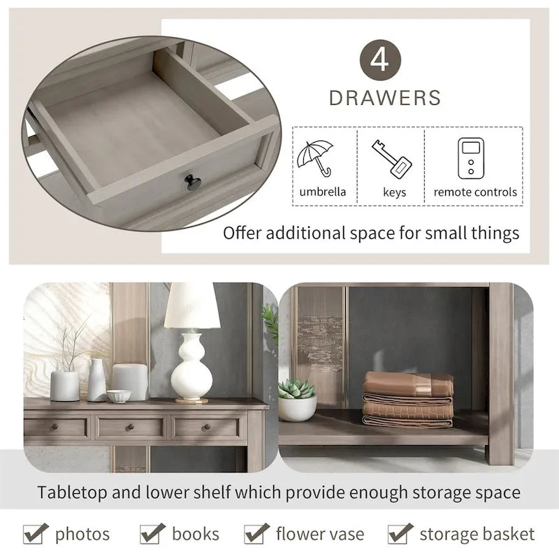 Rustic Console Table with Storage Drawers and Bottom Shelf