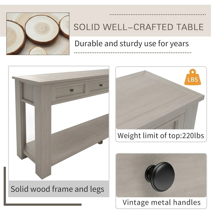 Rustic Console Table with Storage Drawers and Bottom Shelf