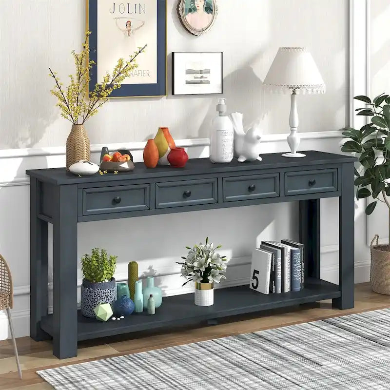 Rustic Console Table with Storage Drawers and Bottom Shelf
