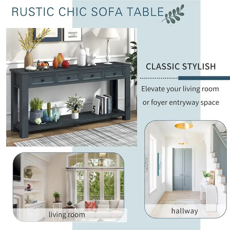 Rustic Console Table with Storage Drawers and Bottom Shelf
